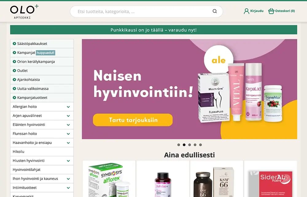 Olo-apteekin verkkokaupan etusivu